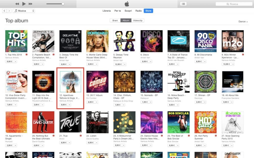 “Aperitives, Tattoos And Dogs Compilation” di WoM #12 Top nella Album Dance – iTunes Italia