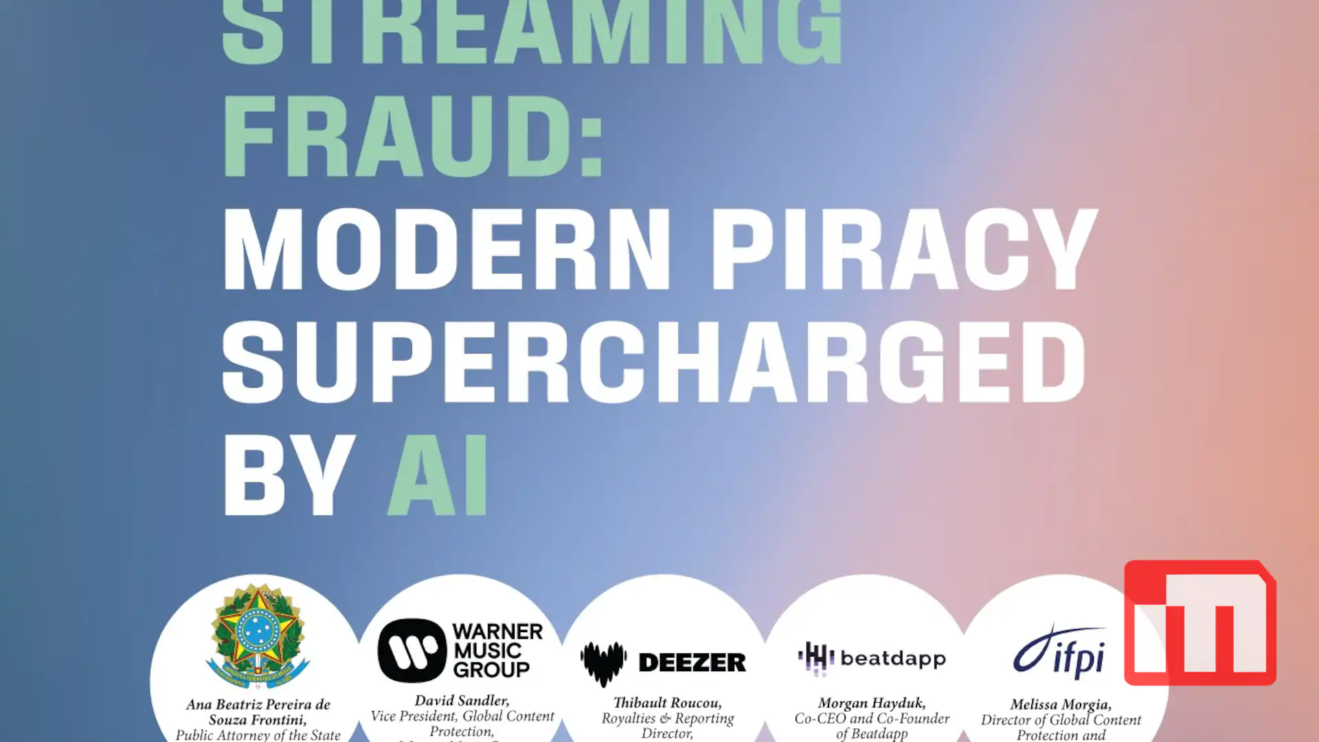 Event poster advertising a talk 'Streaming Fraud: Modern Piracy Supercharged by AI' with date/time, IFPI logo, and sponsor logos at bottom.