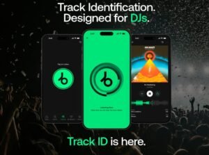 Advertisement for a DJ app: three smartphones showing track ID features with a crowd in the background, headline 'Track Identification. Designed for DJs.'