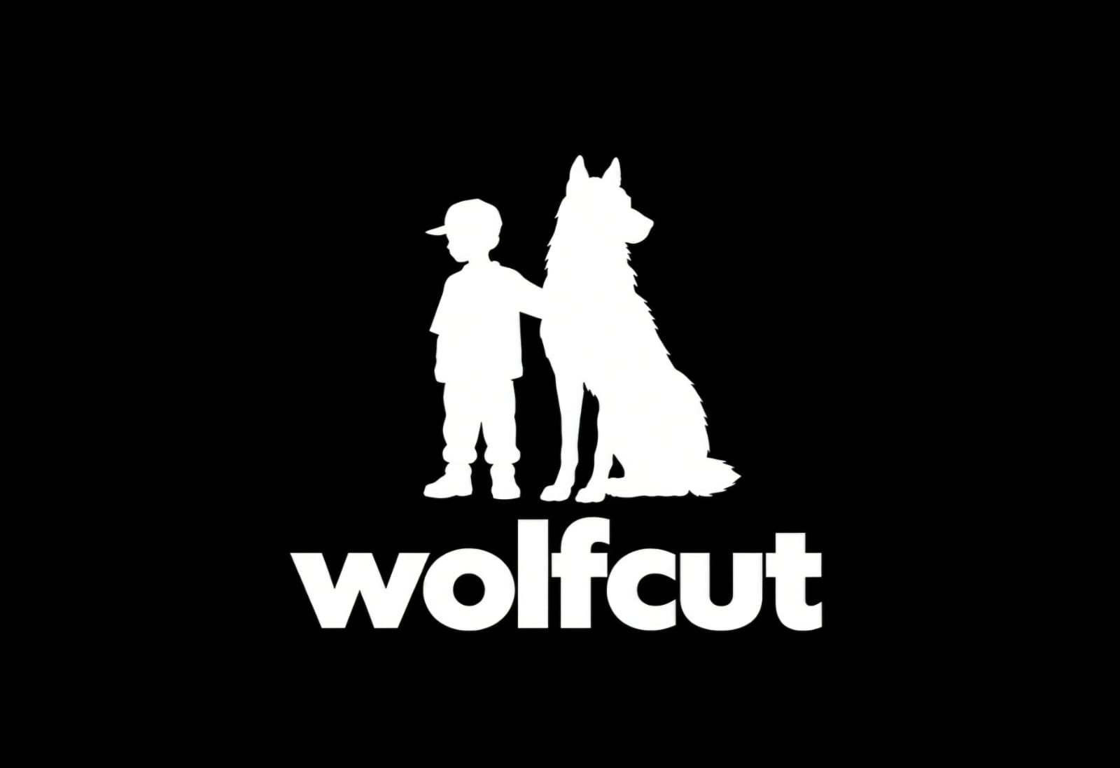 White logo: a boy and a dog silhouette above the bold 'wolfcut' text on a black background.