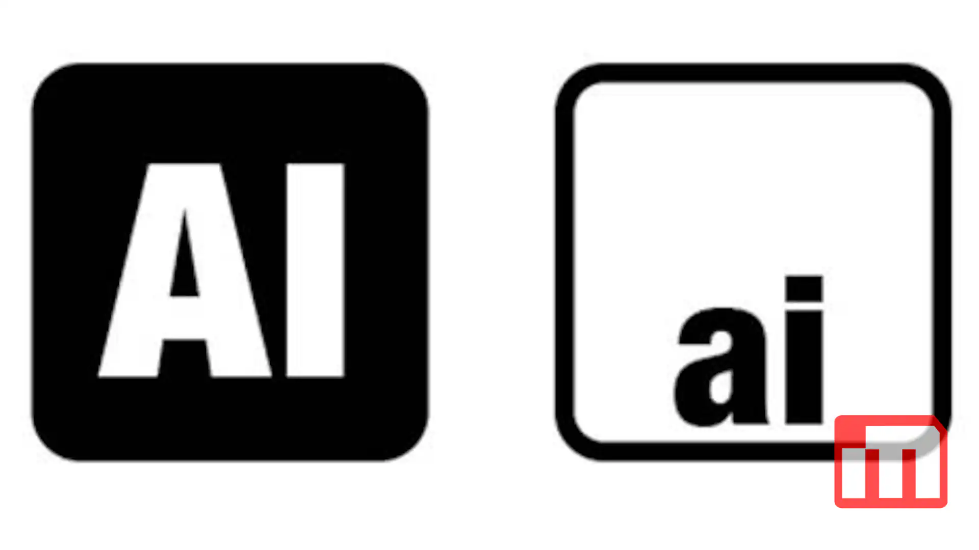 Two AI logos side by side: left is bold white 'AI' on a black rounded square; right is lowercase 'ai' in black inside a white rounded-square outline.