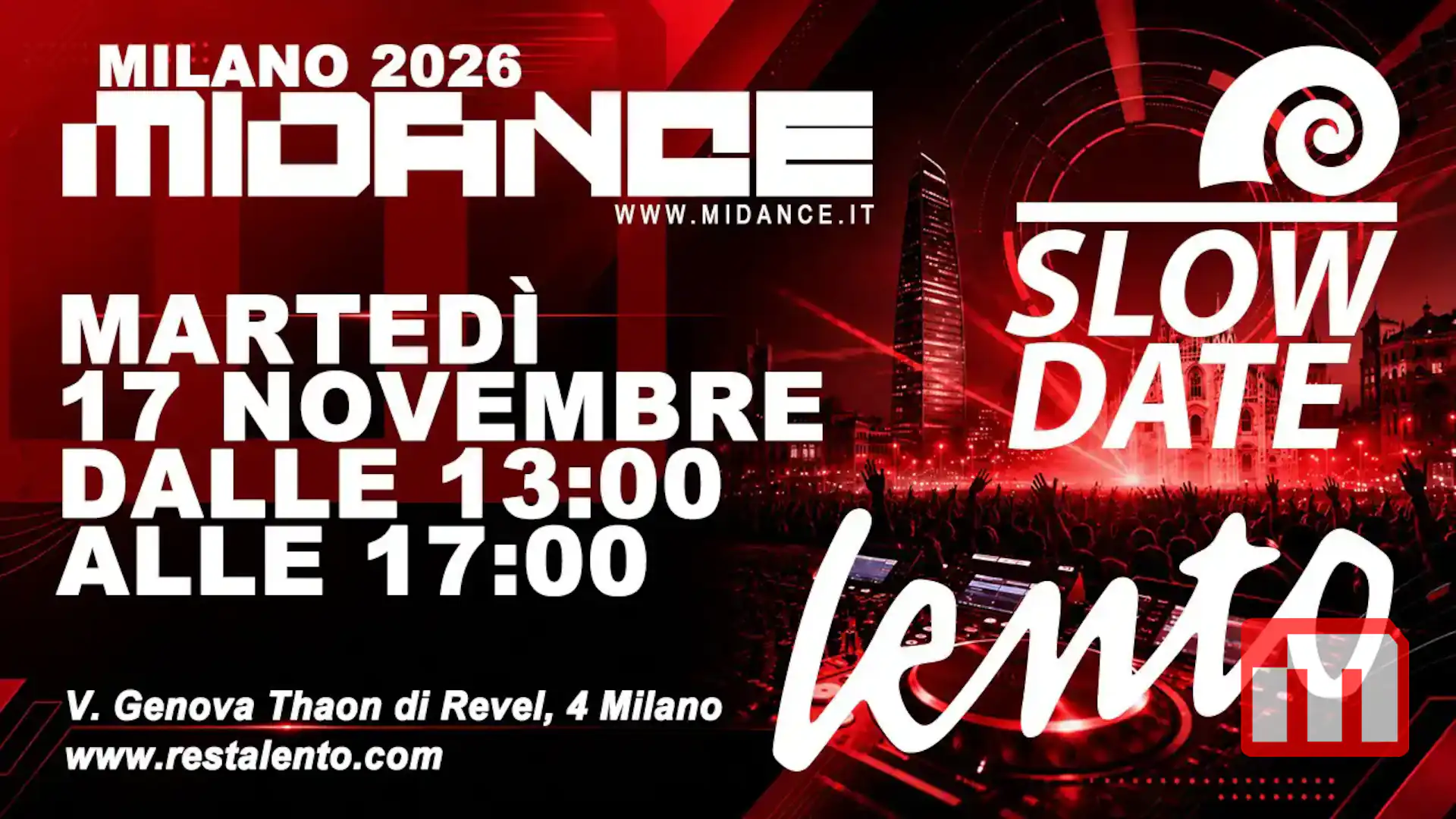 Poster advertising Milano 2026 Midance on Tue 17 November, 13:00–17:00, Milan (V. Genova Thaon di Revel, 4) with website restalento.com.