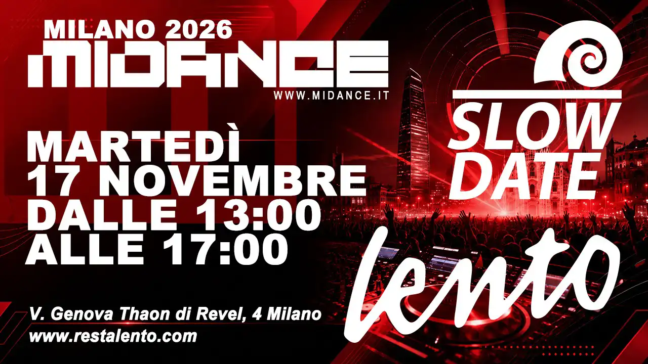 Poster advertising Milano 2026 Midance on Tue 17 November, 13:00–17:00, Milan (V. Genova Thaon di Revel, 4) with website restalento.com.